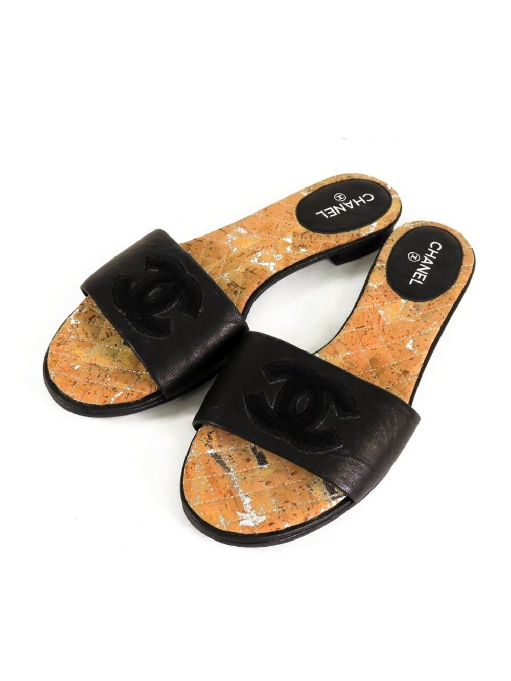 Chanel Slide Sandals Black Leather Cork CC Logo Sandal